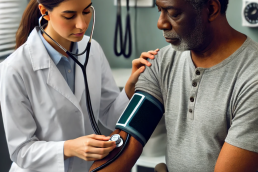 an-older-black-man-getting-his-blood-pressure-checked.-He-is-seated-in-a-clinic-wearing-a-short-sleeved-shirt-with-a-white-woman-doctor