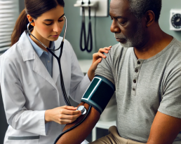 an-older-black-man-getting-his-blood-pressure-checked.-He-is-seated-in-a-clinic-wearing-a-short-sleeved-shirt-with-a-white-woman-doctor