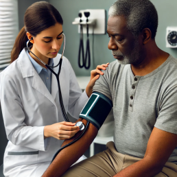 an-older-black-man-getting-his-blood-pressure-checked.-He-is-seated-in-a-clinic-wearing-a-short-sleeved-shirt-with-a-white-woman-doctor